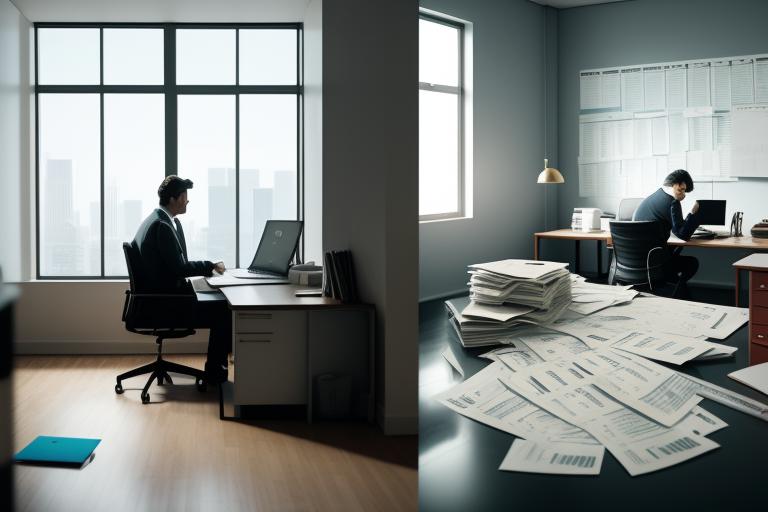 A split-screen composition showing two contrasting financial scenarios. On the left, a relieved person sitting at a tidy desk with neatly organized bills and a calculator, symbolizing debt consolidation. On the right, a stressed individual surrounded by crumpled papers and overdue notices, representing bankruptcy.